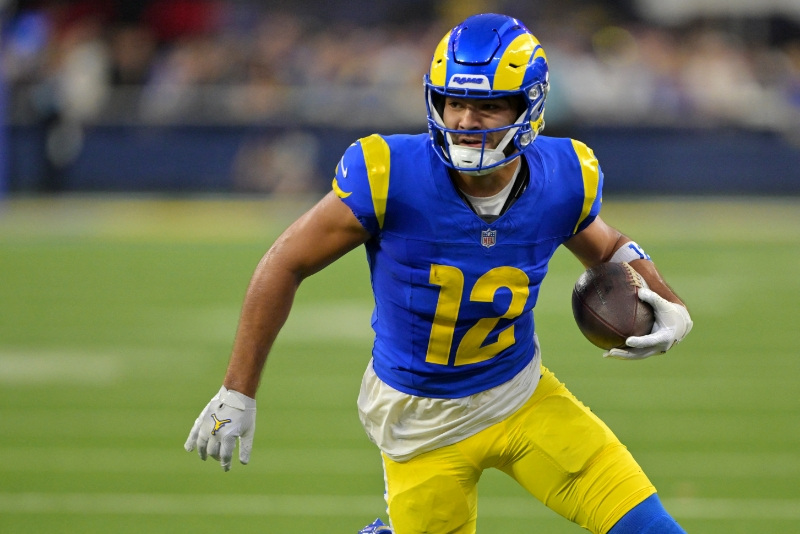 Oct 12, 2026; Inglewood, California, USA;  Los Angeles Rams wide receiver Puka Nacua (12) runs after making a catch during the second quarter against the Buffalo Bills at SoFi Stadium.