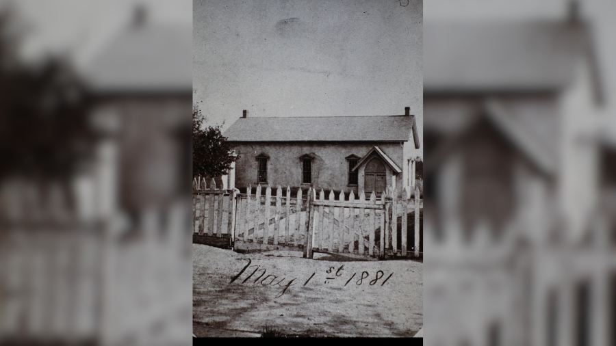 Independence Hall in Salt Lake city on May 1, 1881. This building served as a community location for various religious and secular groups in the 1800s.