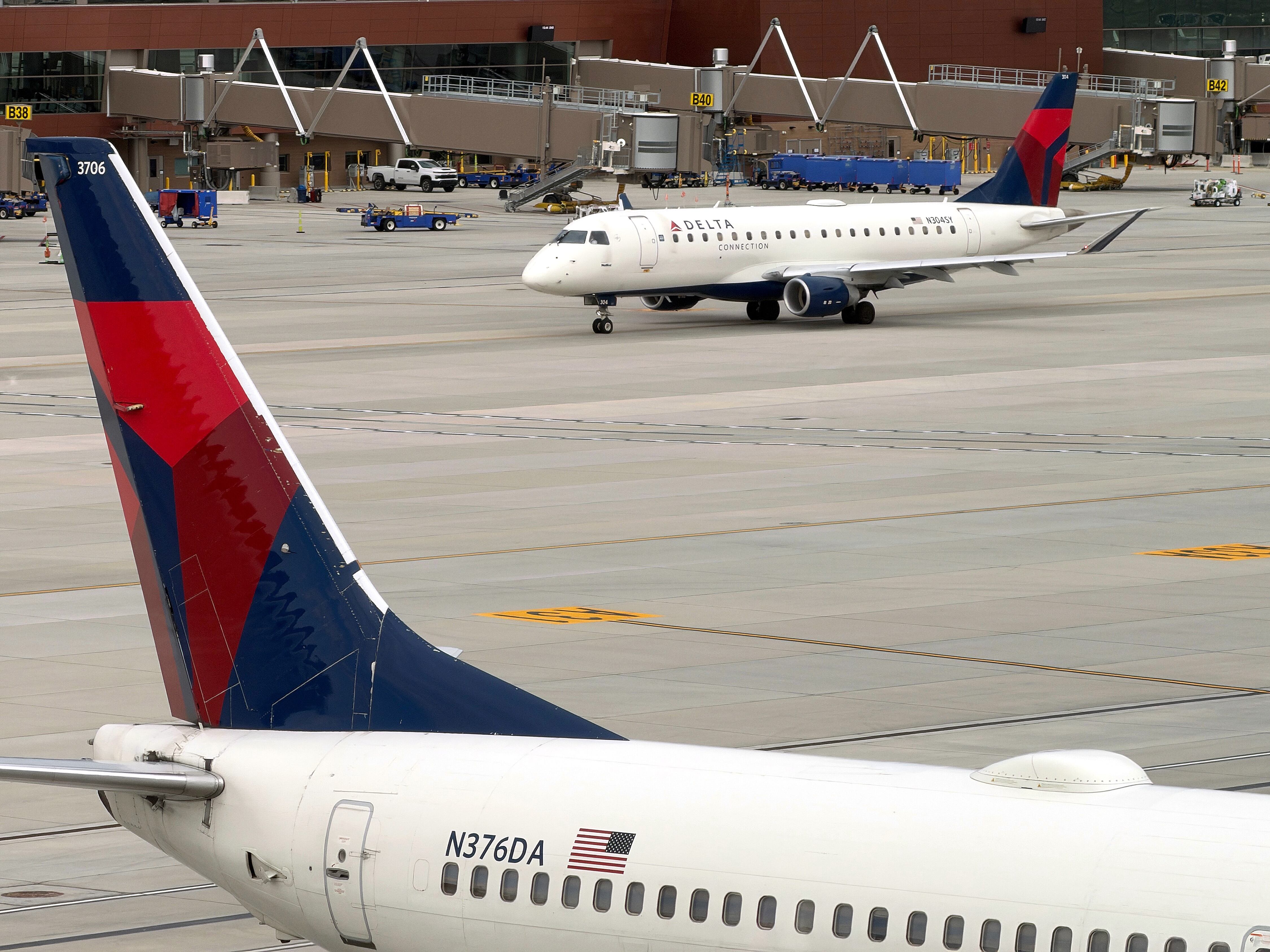 A SkyWest plane, bound for Palm Springs, California, taxis on the tarmac at Salt Lake City International Airport, Oct. 14. The airport was recently ranked near the top for airports with access to ski areas.