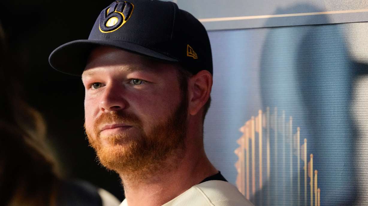 Milwaukee Brewers' Brandon Woodruff speaks during a World Series baseball media day, Thursday, Oct. 22, 2026, in Milwaukee, ahead of Game 1 between the Milwaukee Brewers and the Tampa Bay Rays.