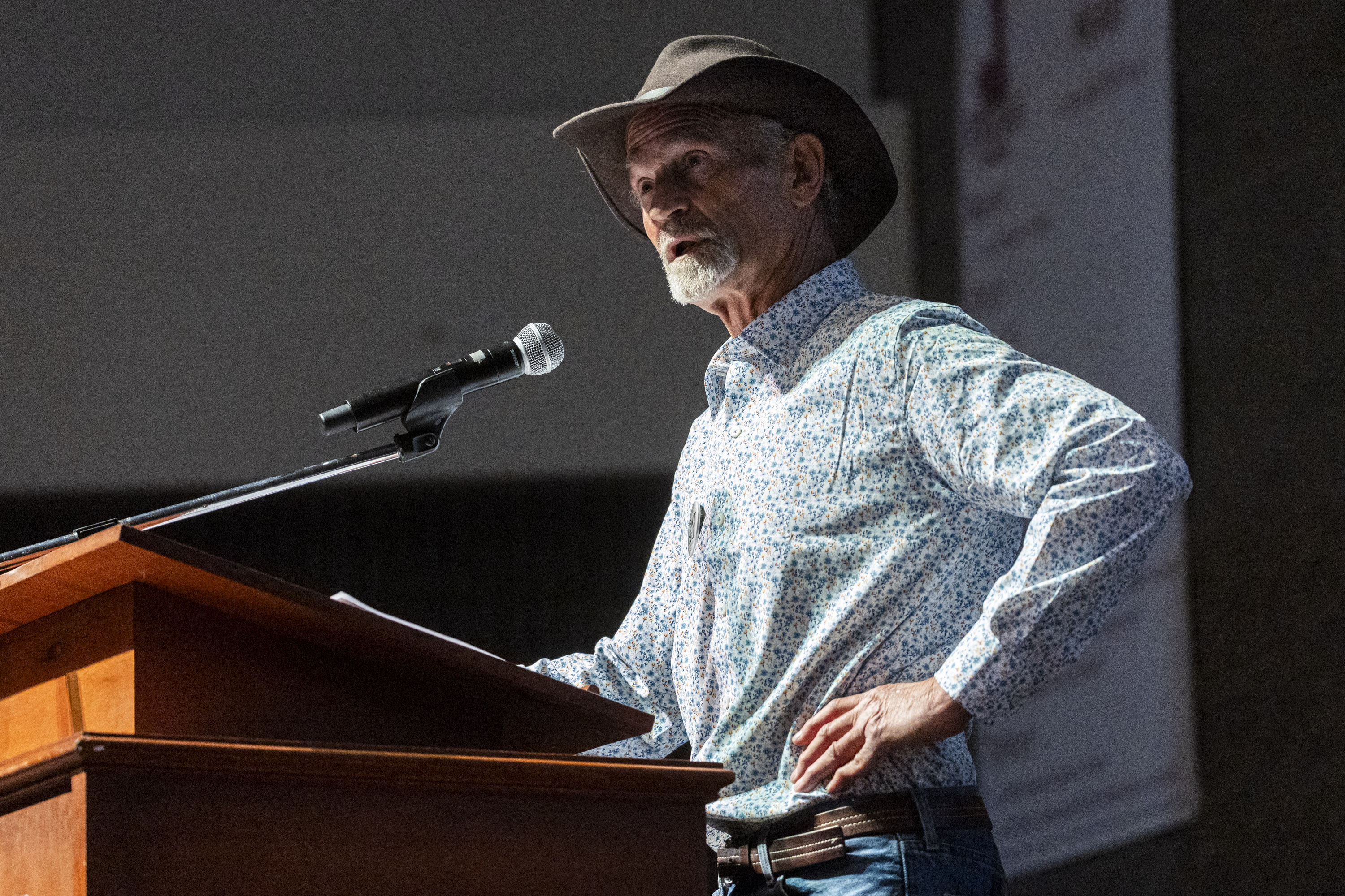 Kent Udell, a candidate for Utah's 3rd Congressional District, speaks during the Utah Democratic Party State Convention held at Jordan High School in Sandy on Saturday, April 25, 2026.