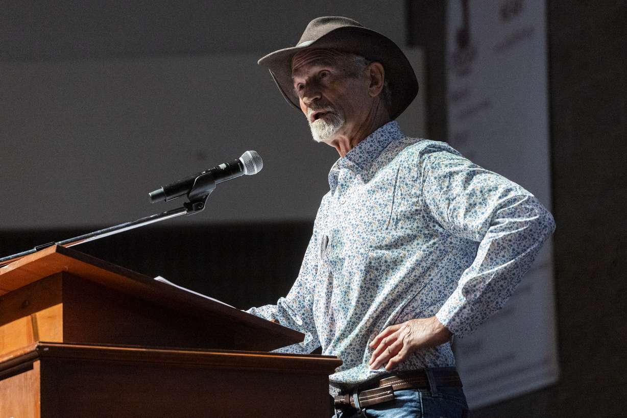 Kent Udell, a candidate for Utah's 3rd Congressional District, speaks during the Utah Democratic Party State Convention held at Jordan High School in Sandy on Saturday, April 25, 2026.