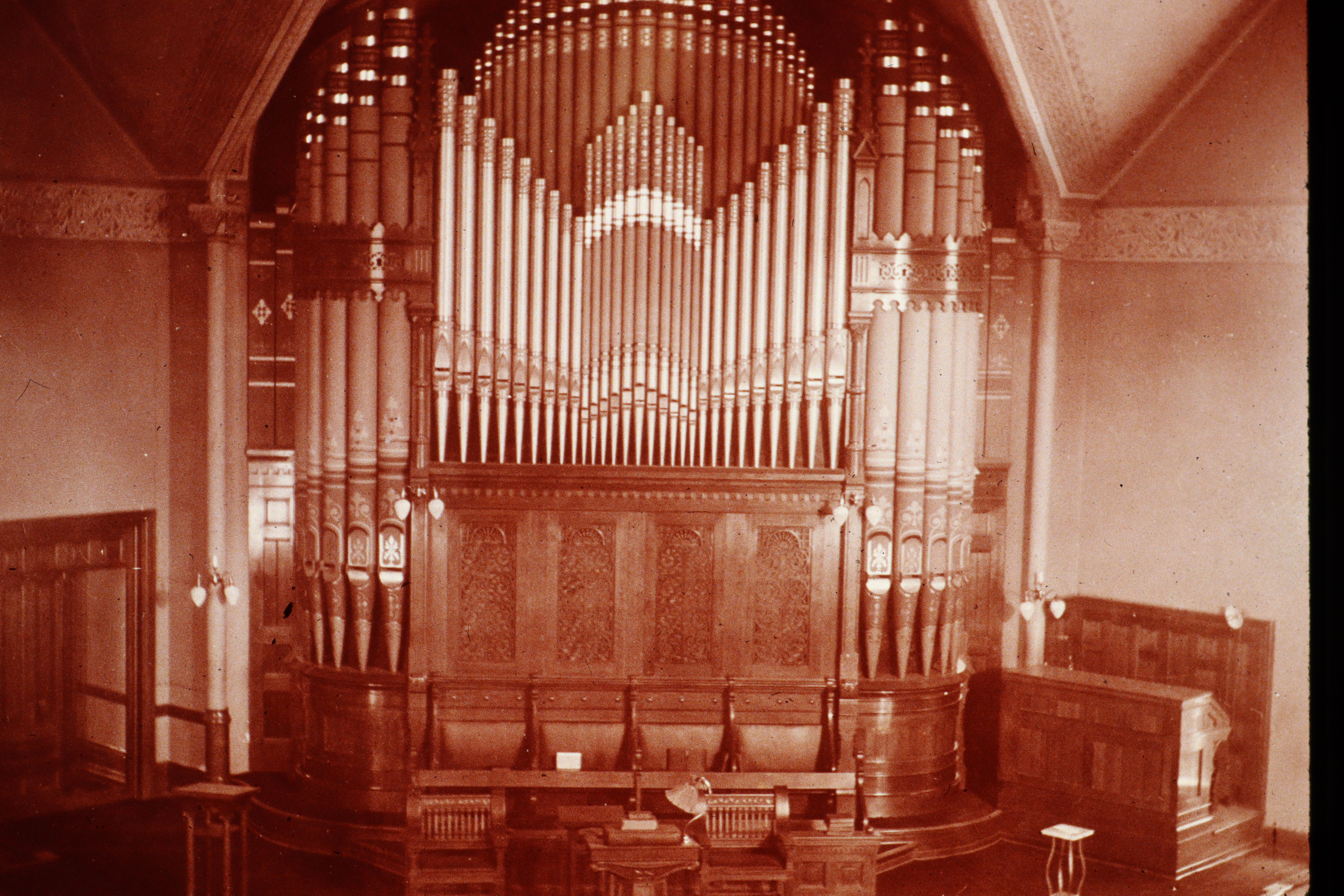 An undated photo of the original organ installed in the 1892 First Congregational Church building in Salt Lake City, nicknamed "The Stone Church."