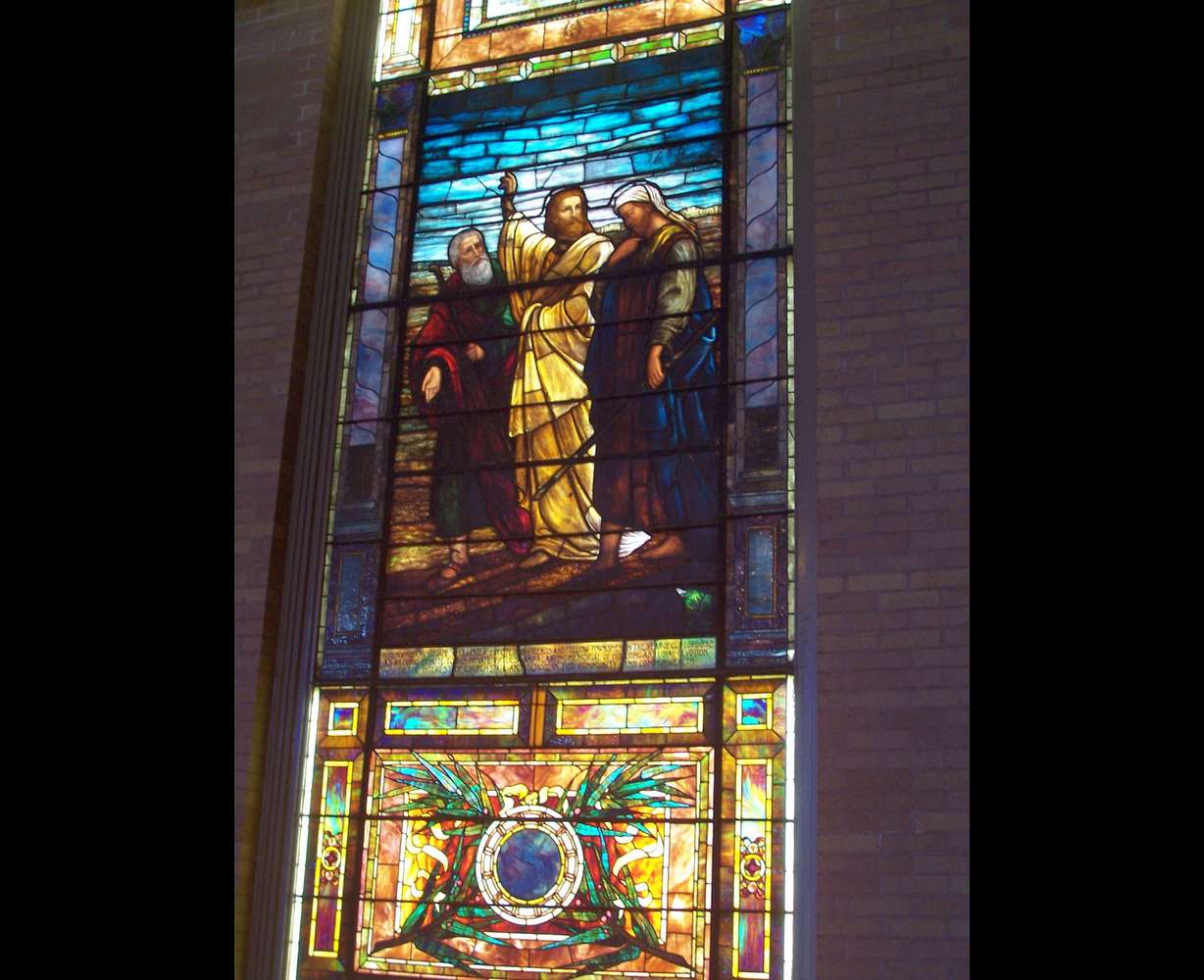 An undated photo of the "The Road to Emmaus" stained-glass window, originally in the First Congregational Church's 1892 building.