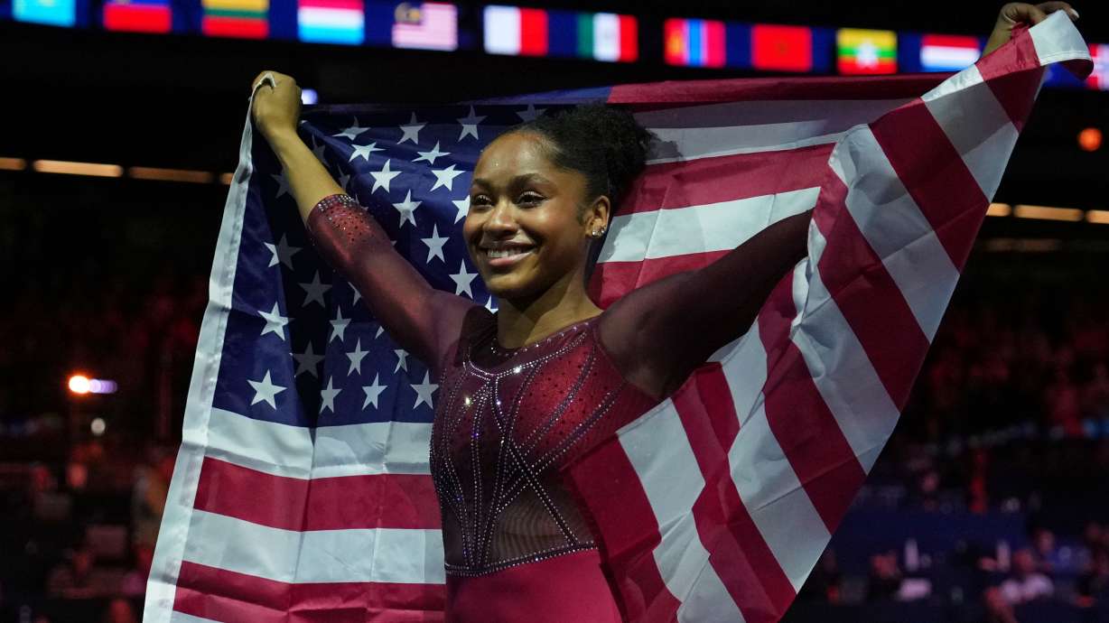 Skye Blakely, of the United States, celebrates after winning the gold medal in the women's all-around final at the Artistic Gymnastics World Championships in Rotterdam, the Netherlands, Friday, Oct. 23, 2026.