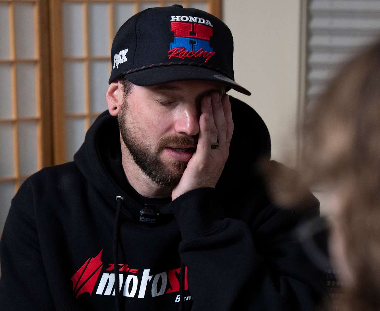 Kaylub Giamanco, who fatally shot an attacker who had killed three students and a teacher at Silver Rail Elementary School, reacts as he sits for an interview on Thursday in Bend, Ore. Giamanco said he regrets not arriving sooner to save more children.