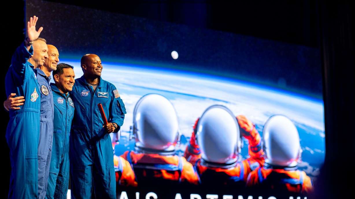 Astronauts Randy Bresnik, Luca Parmitano of Italy and the European Space Agency, Frank Rubio, and Andre Douglas during the Artemis III crew reveal at NASA's Johnson Space Center on June 9 in Houston, Texas.