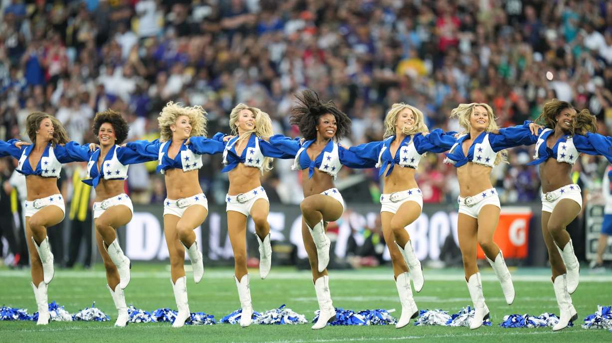 Dallas Cowboys cheerleaders perform before an NFL football game against the Baltimore Ravens in Rio de Janeiro, Sunday, Sept. 27, 2026.
