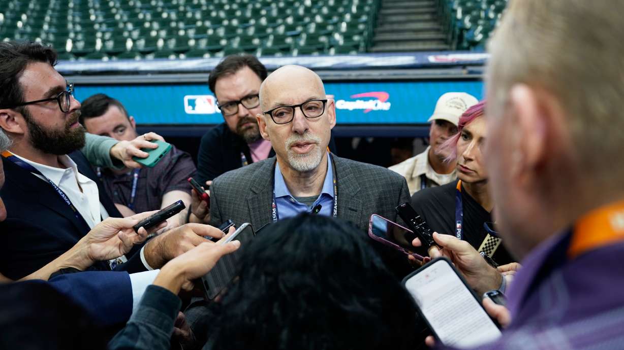 Bruce Meyer, interim executive director of the Major League Baseball Players Association speaks on the field before Game 1 of baseball's World Series, Friday, Oct. 23, 2026, in Milwaukee, between the Milwaukee Brewers and the Tampa Bay Rays.