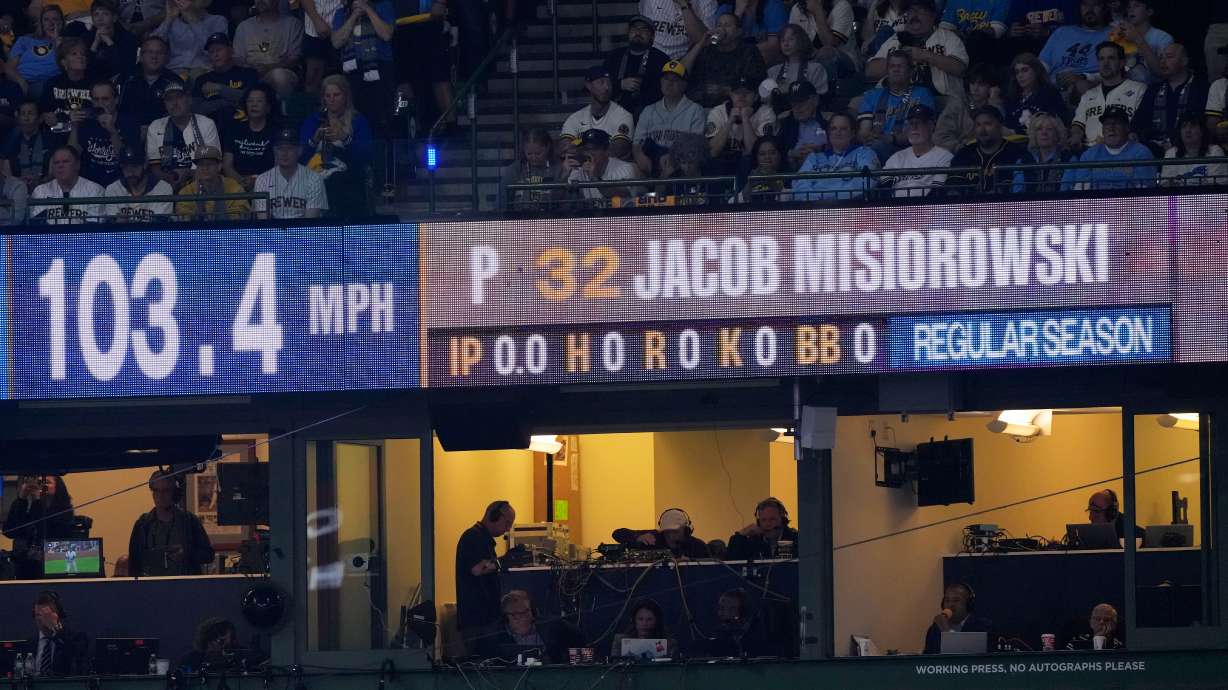 Milwaukee Brewers pitcher Jacob Misiorowski pitch speed is seen during the first inning of Game 1 of baseball's World Series, Friday, Oct. 23, 2026, in Milwaukee, between the Milwaukee Brewers and the Tampa Bay Rays.