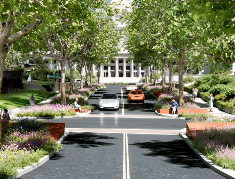 A conceptual rendering of State Street near the Utah Capitol after the Pioneer Trail, new landscaping and stone benches are added. All of those elements are expected to be completed by spring 2027, according to the organization.