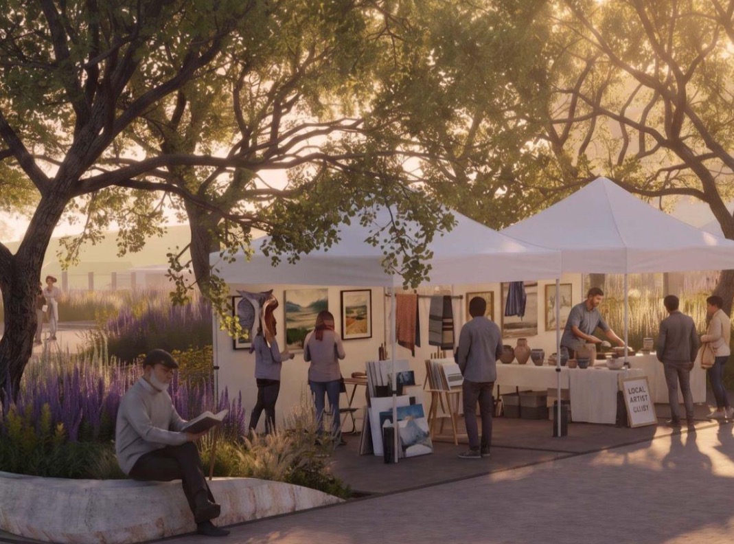A conceptual rendering of a new market space outside of Council Hall near the Utah Capitol. Utah Pioneer Trail Foundation officials said the new space is expected to be completed by mid-2027 for future summer and Christmas markets.