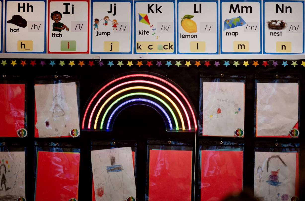 A bulletin board at Copper Hills Elementary School in Magna is pictured on May 28. The number of students in K-12 schools in Utah is declining.