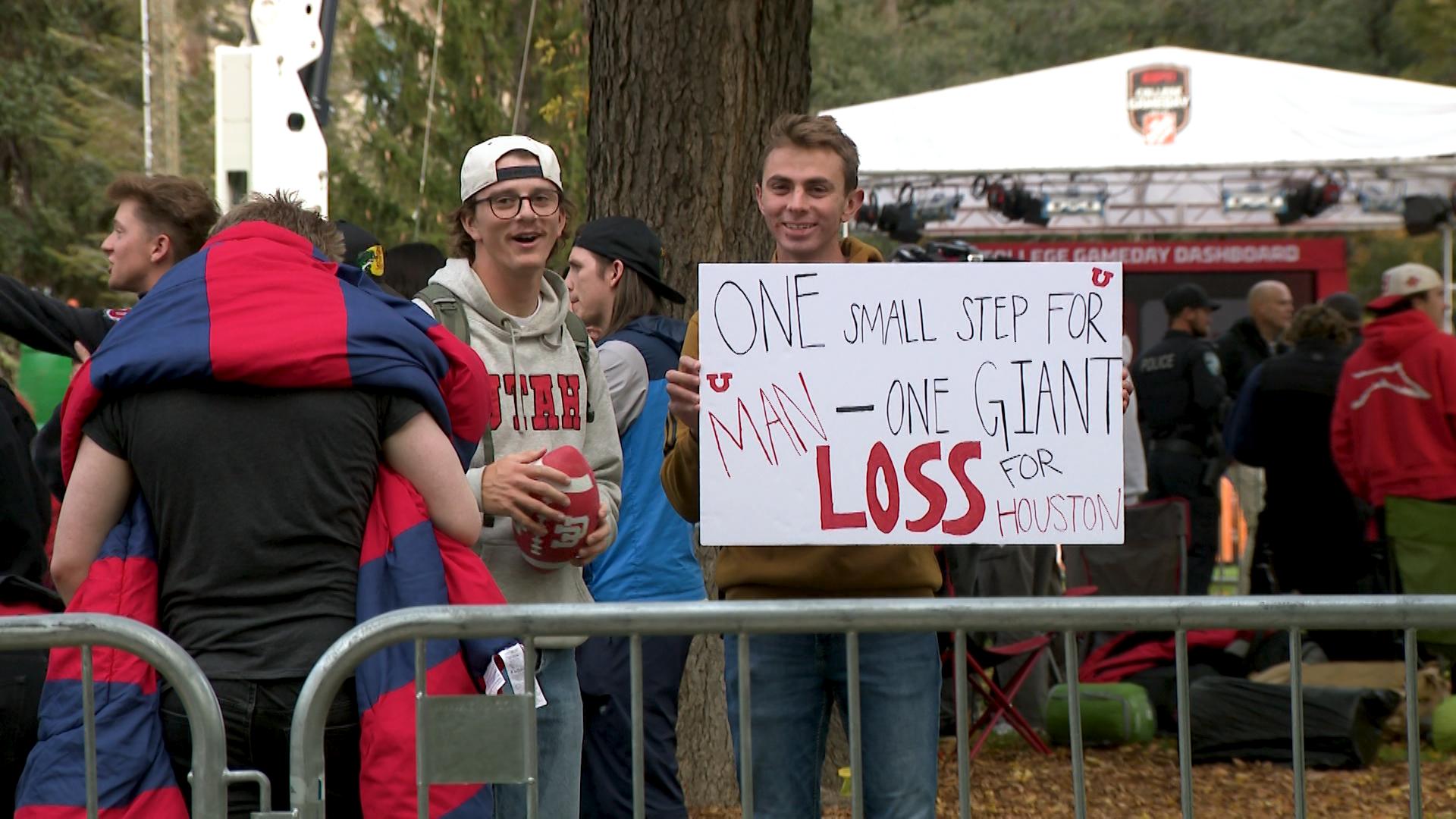 Utah Utes students and fans hold signs and camp out for ESPN College GameDay on Friday.