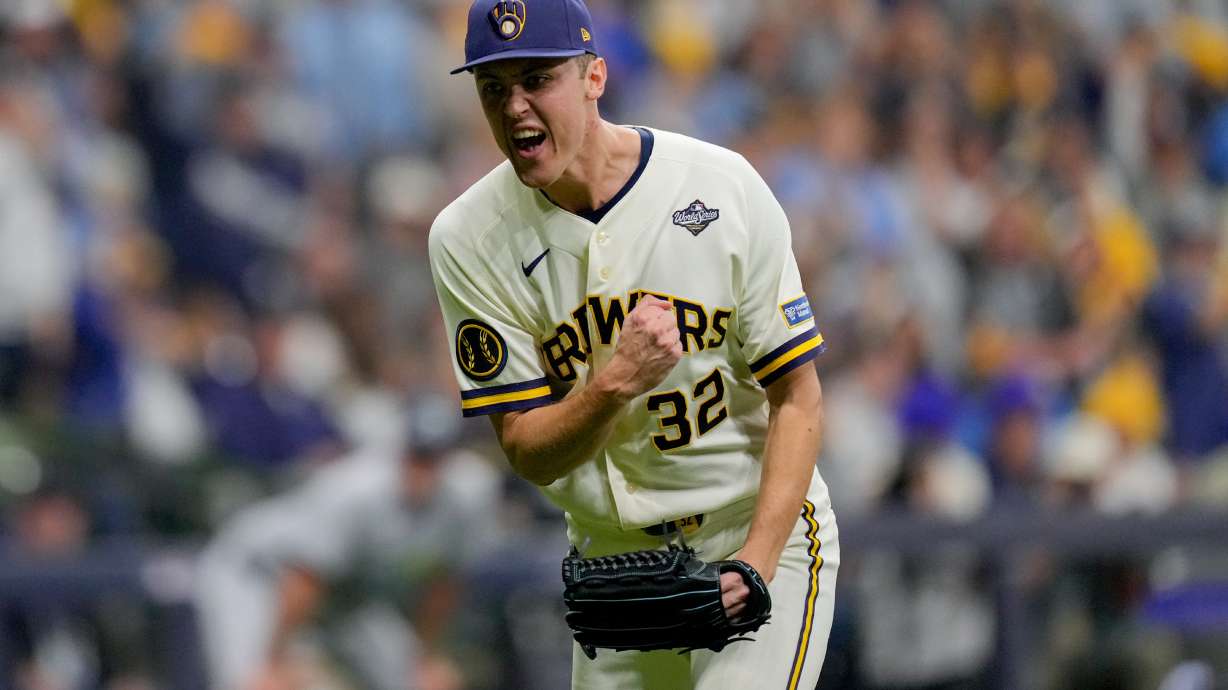 Milwaukee Brewers pitcher Jacob Misiorowski celebrates after the second inning of Game 1 of baseball's World Series, Friday, Oct. 23, 2026, in Milwaukee, between the Milwaukee Brewers and the Tampa Bay Rays.