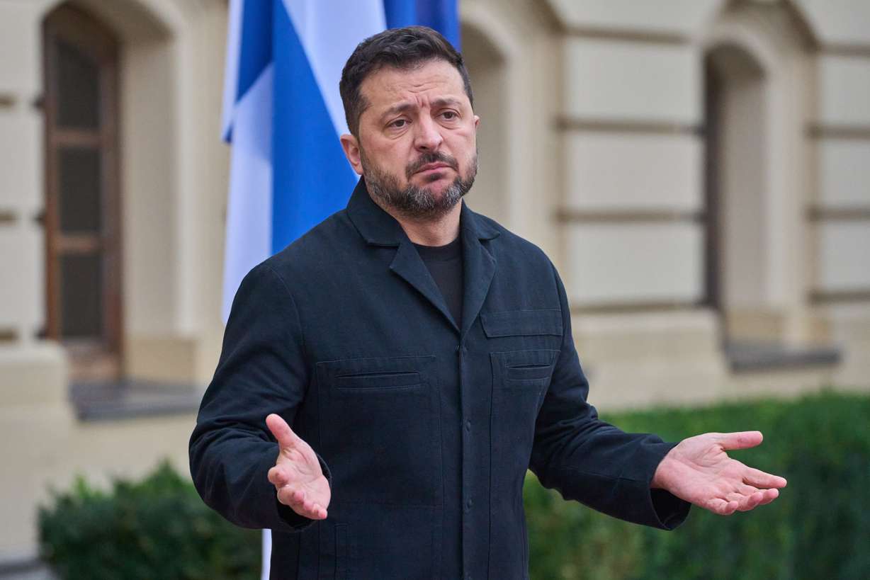 Ukraine's President Volodymyr Zelenskyy answers media questions before his meeting with Finnish Prime Minister Petteri Orpo in Kyiv, Ukraine, Thursday.