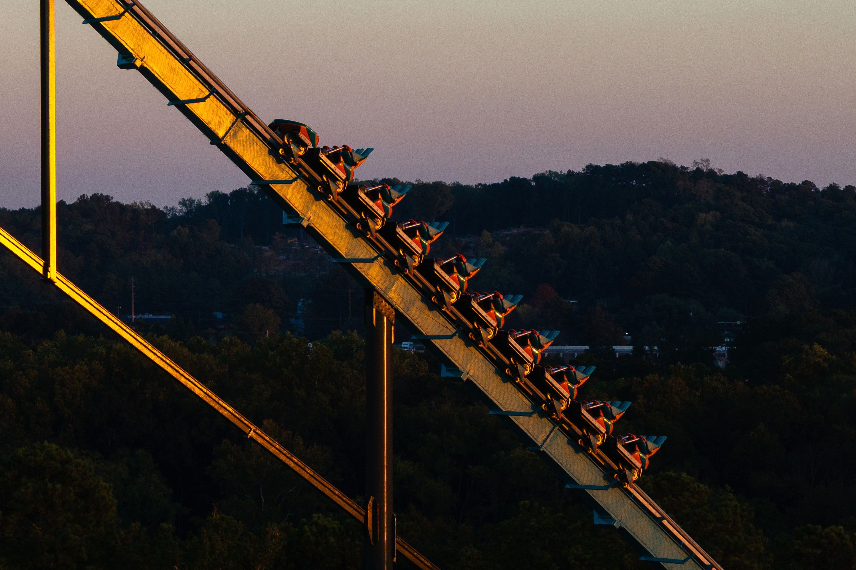 In this aerial view, the train of the Goliath roller coaster is seen on the track where it was evacuated at Six Flags Over Georgia on October 14 in Austell, Georgia.