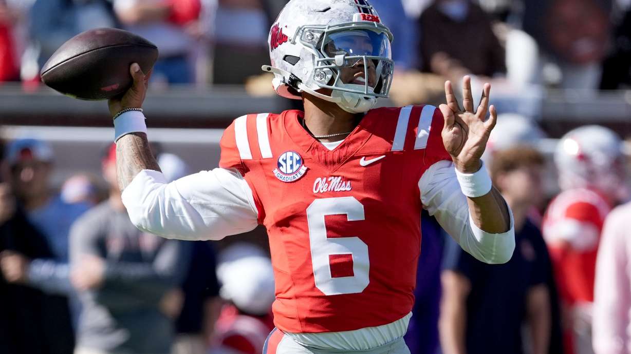 Mississippi quarterback Trinidad Chambliss (6) throws a pass during the first half of an NCAA college football game against Missouri, Saturday, Oct. 17, 2026, in Oxford, Miss.