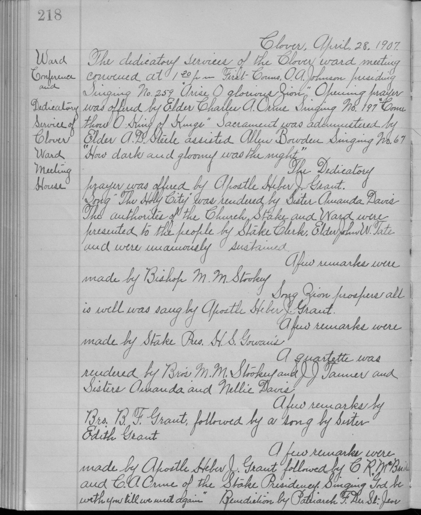 A scan of the program of the original dedication of the "Clover Ward LDS Meetinghouse" from April 28, 1907.