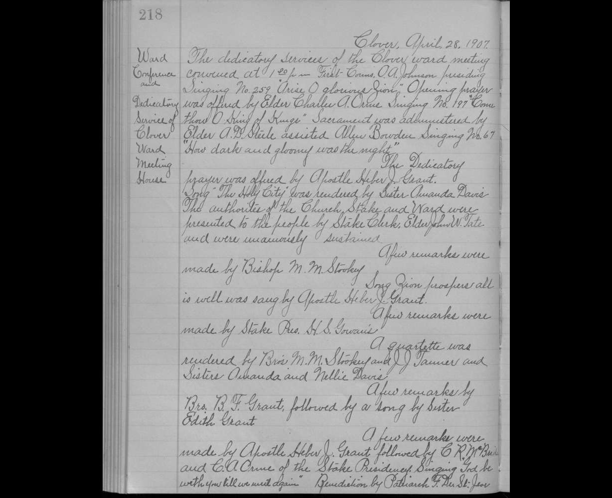 A scan of the program of the original dedication of the "Clover Ward LDS Meetinghouse" from April 28, 1907.