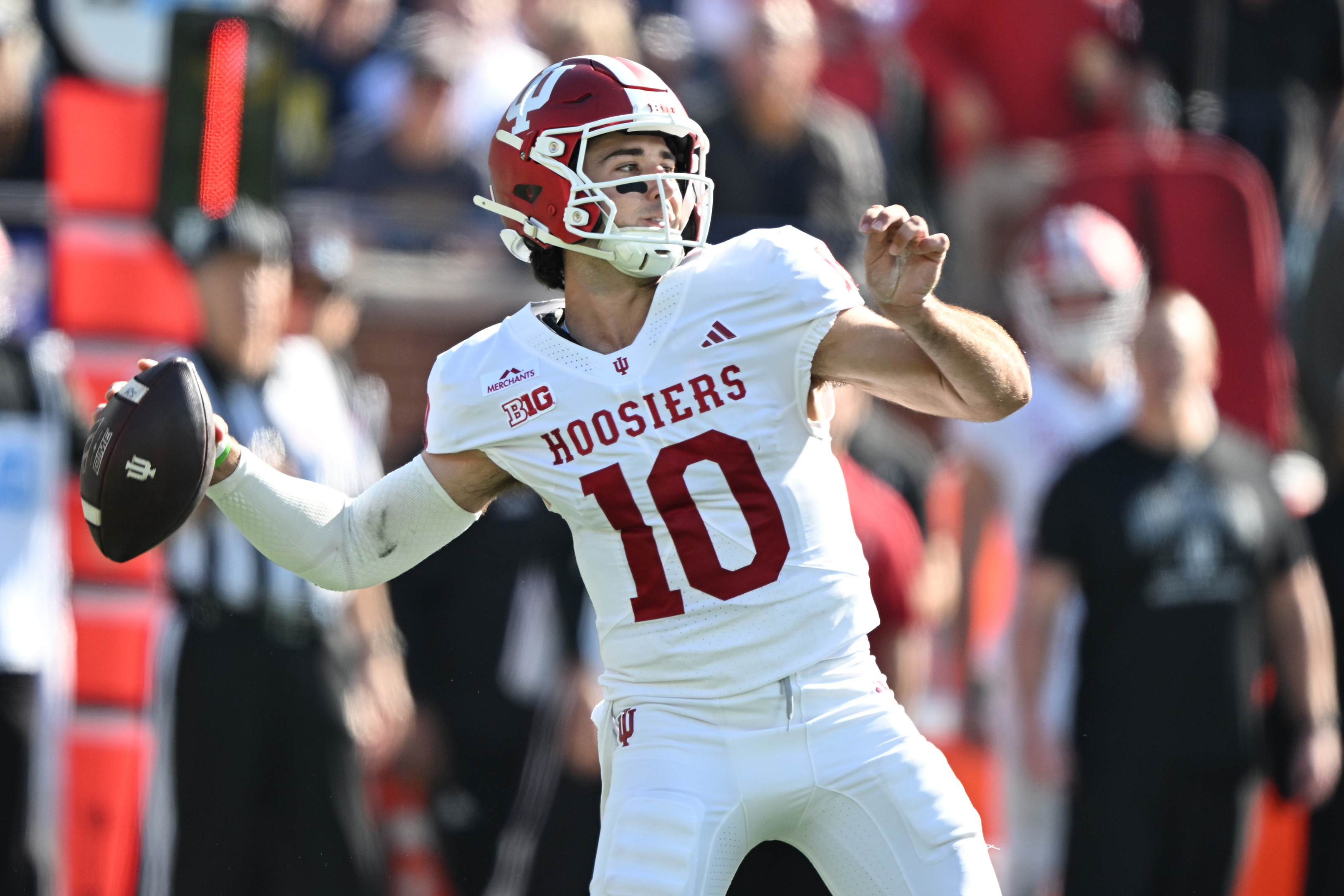 Indiana quarterback Josh Hoover (10) throws a pass in the first quarter of an NCAA college football game against Michigan, Saturday, Oct. 24, 2026, in Ann Arbor, Mich.