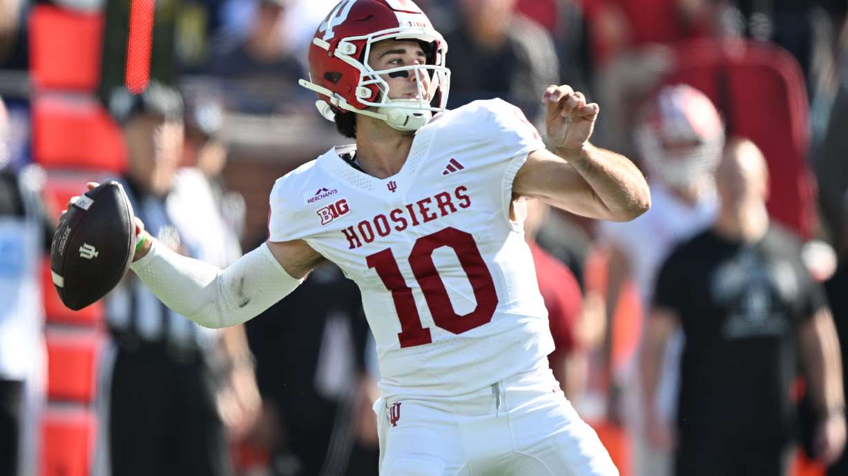 Indiana quarterback Josh Hoover (10) throws a pass in the first quarter of an NCAA college football game against Michigan, Saturday, Oct. 24, 2026, in Ann Arbor, Mich.
