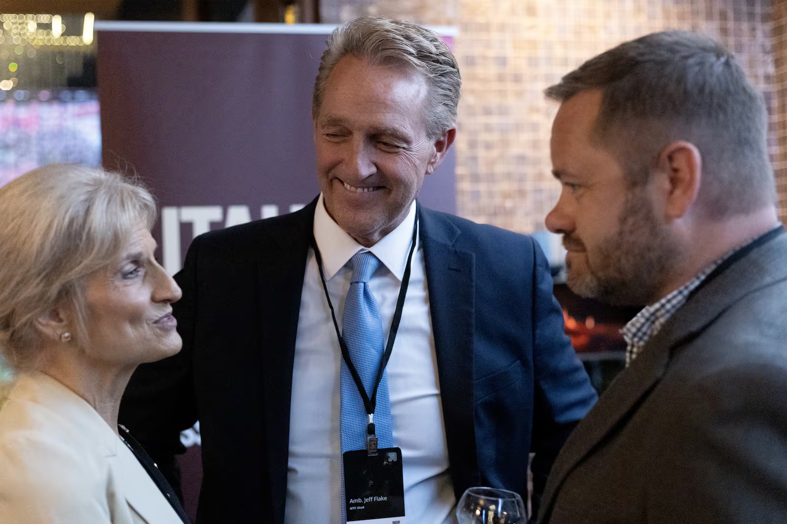 Former Amb. Jeff Flake and his wife Cheryl talk at a reception in Dublin for the Utah delegation during a trade mission to Ireland on Wednesday.