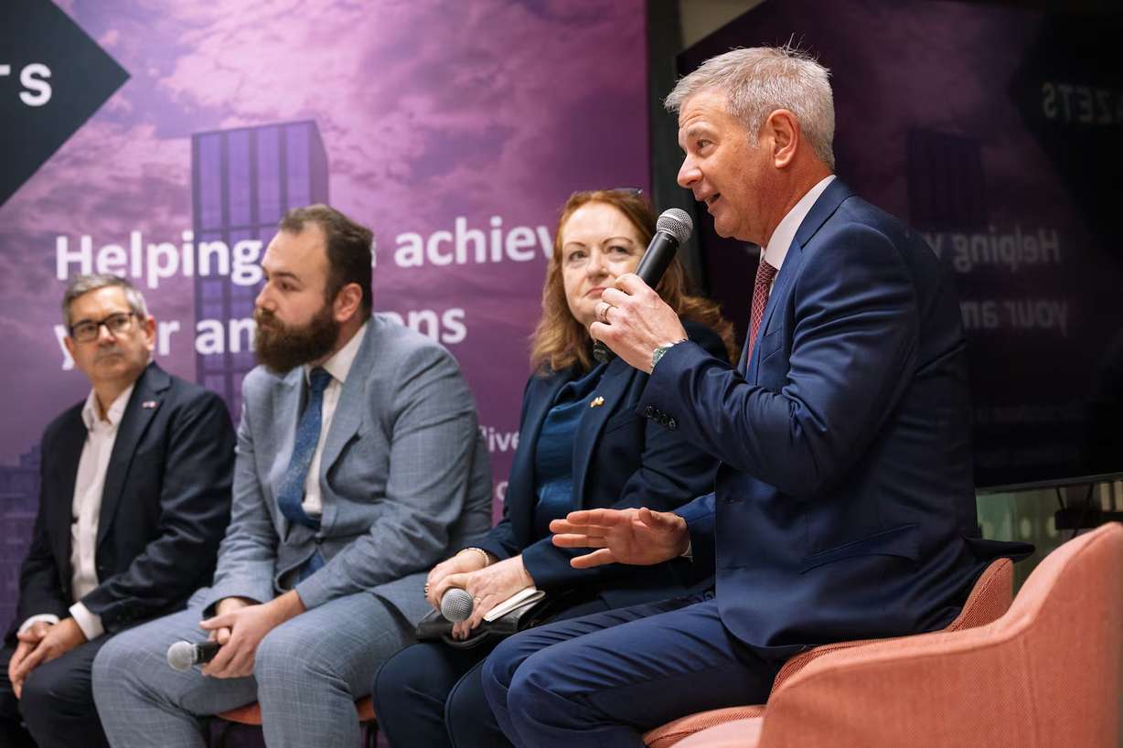 U.S. Ambassador to Ireland (right) and U.S. embassy staffers speak to a delegation of Utah business and government leaders in Dublin on Wednesday.