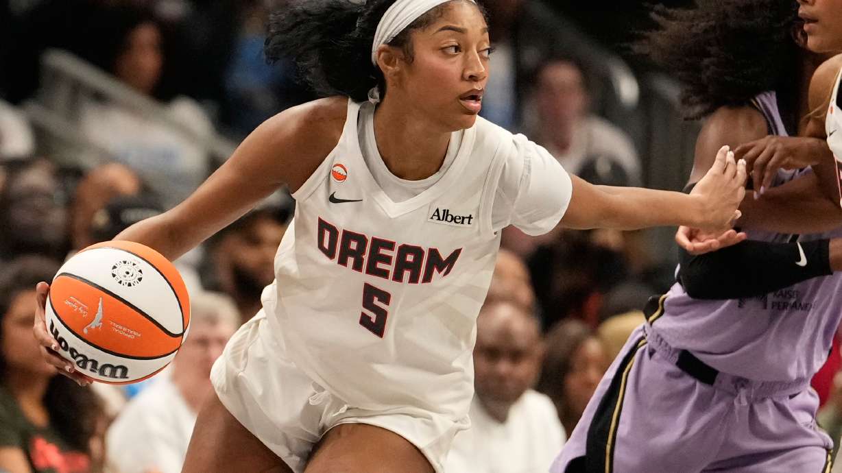 Atlanta Dream forward Angel Reese (5) dribbles the ball during Game 4 of the WNBA basketball finals against the Golden State Valkyries on Saturday, Oct. 24, 2026, in Atlanta.