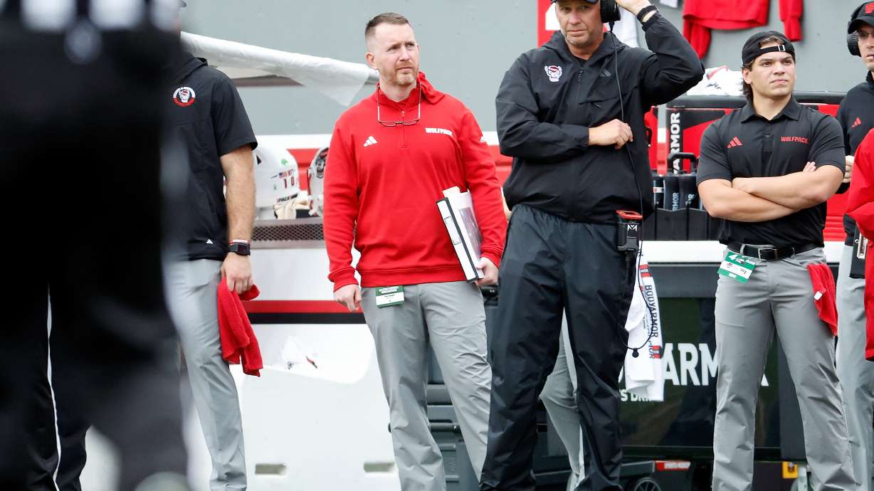 North Carolina State head coach Dave Doeren watches from the sideline against Wake Forest during the first half of an NCAA college football game in Raleigh, N.C., Saturday, Oct. 10, 2026.