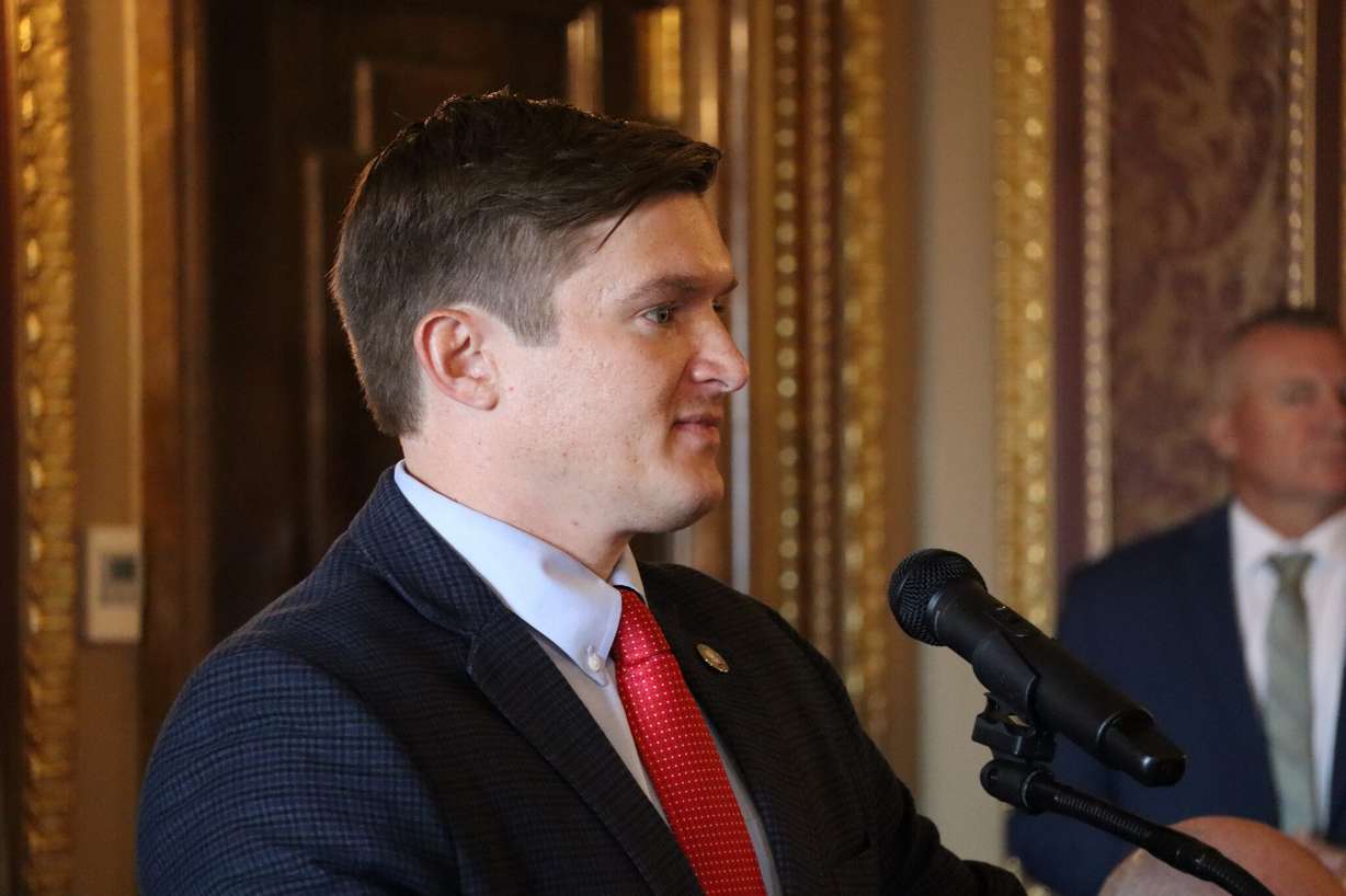 Utah Homeless Coordinator Tyler Clancy speaks during a news conference at the Utah Capitol in Salt Lake City on Sept. 21. Clancy said his office is willing to "engage" to help save Advantage Services.