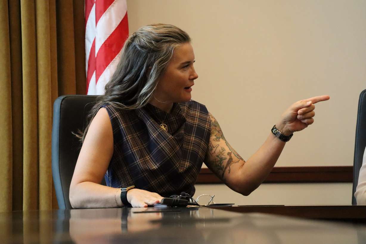 Salt Lake City Mayor Erin Mendenhall speaks during a news conference at the Utah Capitol in Salt Lake City on Aug. 18. Mendenhall said other homeless services may need the same help as Advantage Services.