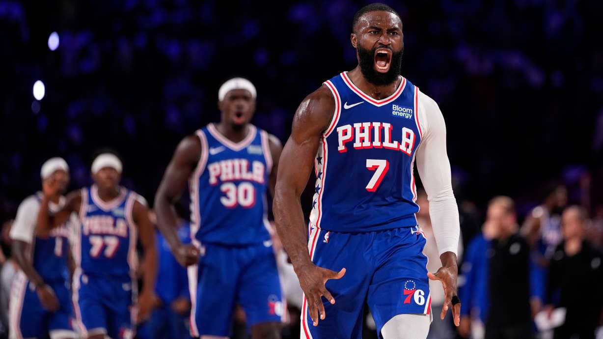 Philadelphia 76ers' Jaylen Brown celebrates after scoring during the second half of an NBA basketball game against the Cleveland Cavaliers Thursday, Oct. 22, 2026, in Philadelphia.