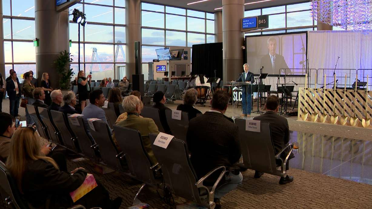 Bill Wyatt, executive director of Salt Lake City International Airport, speaks during an event Saturday to mark the end of construction at the airport. The final piece of Concourse B will officially open on Tuesday.