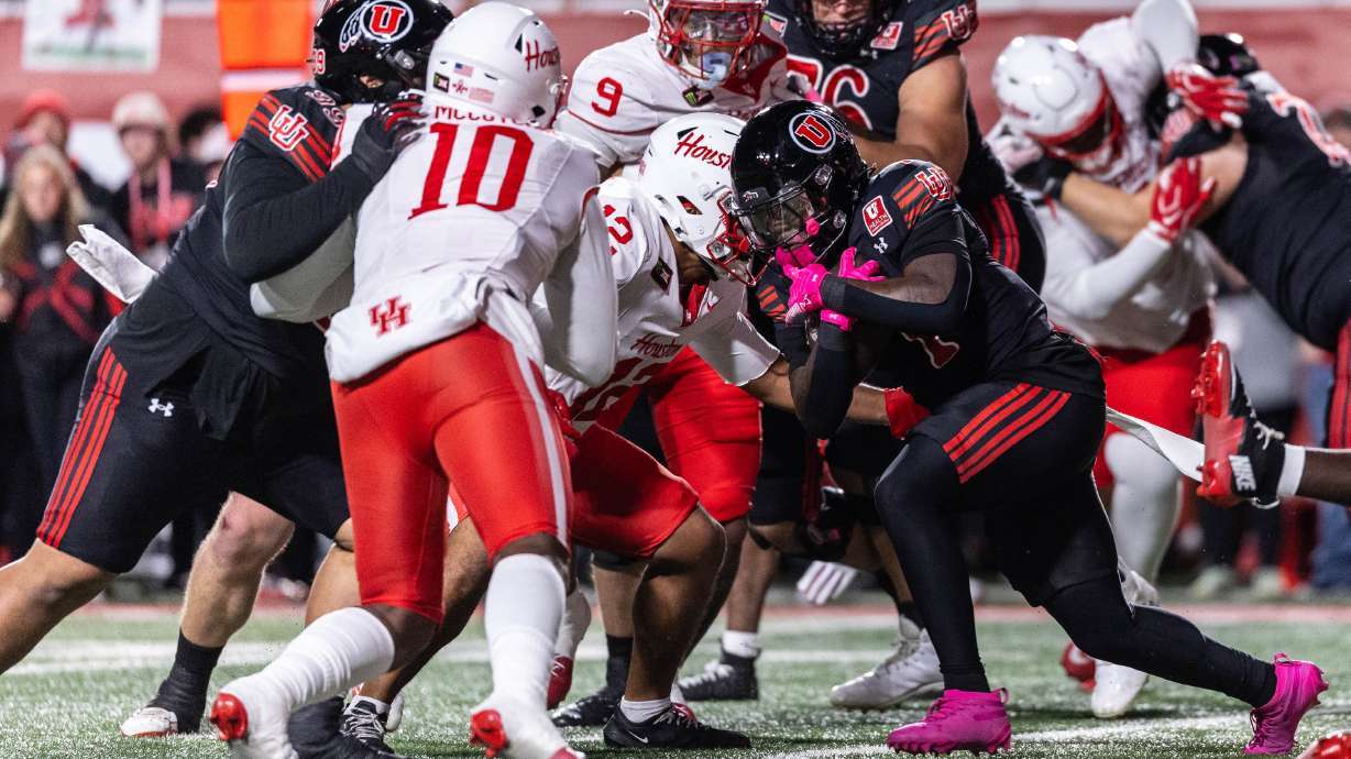 Utah Utes running back Wayshawn Parker (1) runs with the ball during a game against Houston at Rice-Eccles Stadium in Salt Lake City on Saturday, Oct. 24, 2026.