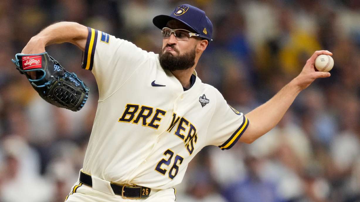 Milwaukee Brewers pitcher Aaron Ashby throws during the eighth inning of Game 2 of baseball's World Series, Saturday, Oct. 24, 2026, in Milwaukee, between the Milwaukee Brewers and the Tampa Bay Rays.