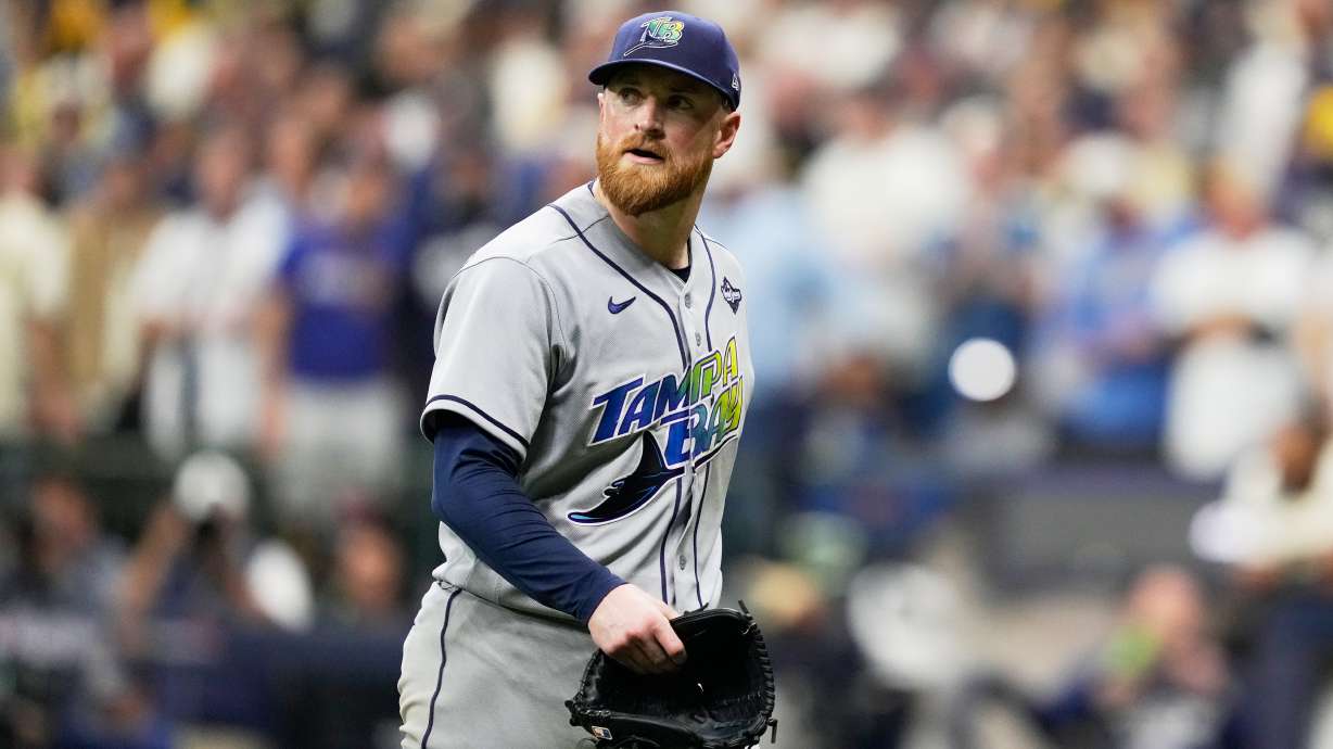 Tampa Bay Rays pitcher Drew Rasmussen leaves he game during the fourth inning of Game 2 of baseball's World Series, Saturday, Oct. 24, 2026, in Milwaukee, between the Milwaukee Brewers and the Tampa Bay Rays.