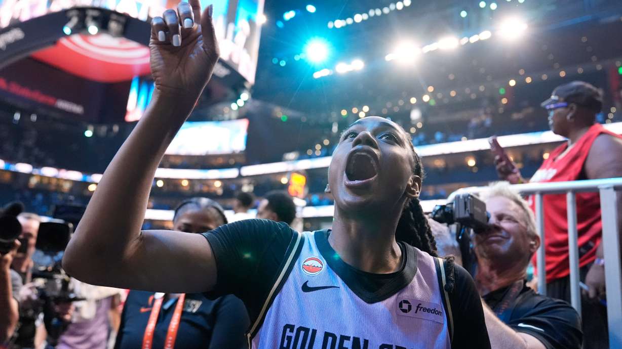 Golden State Valkyries guard Tiffany Hayes (15) talks to fans after Game 4 of the WNBA basketball finals against the Atlanta Dream on Saturday, Oct. 24, 2026, in Atlanta.
