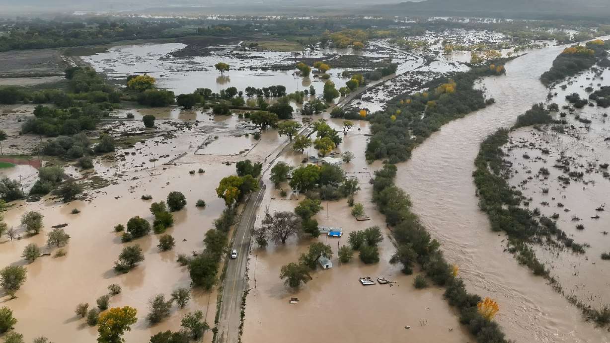 Drone footage taken of Shiprock, N.M., on Saturday. Bluff, Montezuma Creek and Aneth were ordered to evacuate Saturday night as the San Juan River water levels continued to rise.