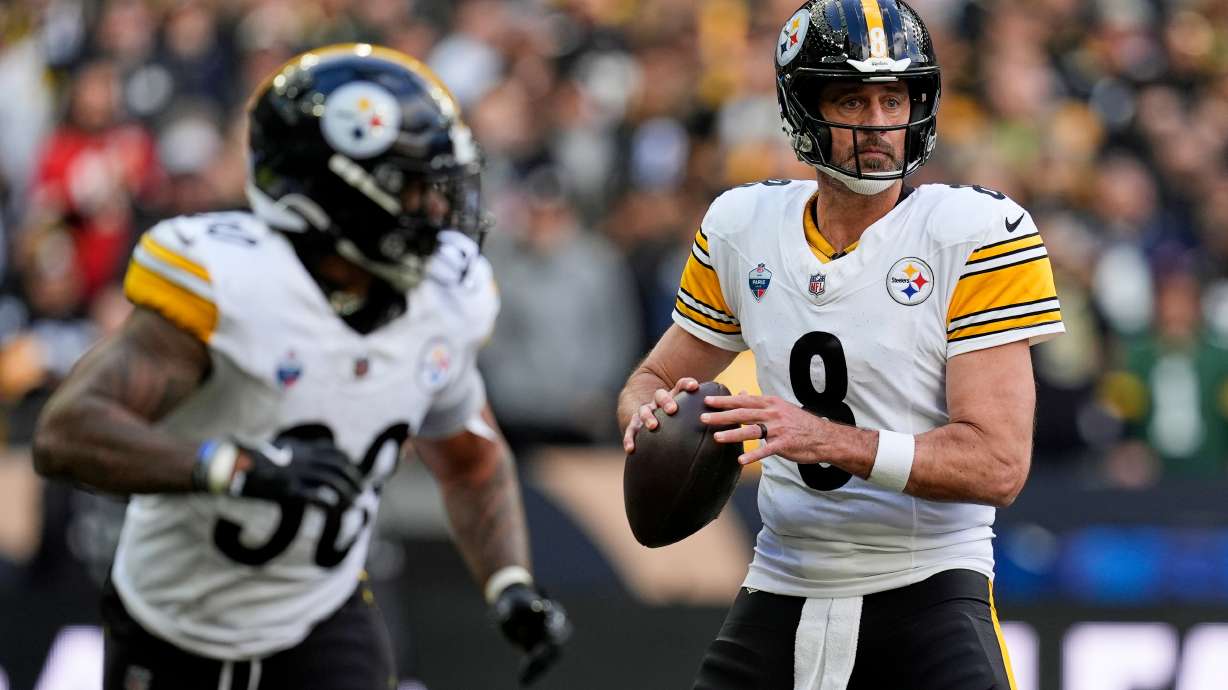 Pittsburgh Steelers quarterback Aaron Rodgers (8) looks to pass during an NFL football game against New Orleans Saints in Saint-Denis, outside Paris, Sunday, Oct. 25, 2026.