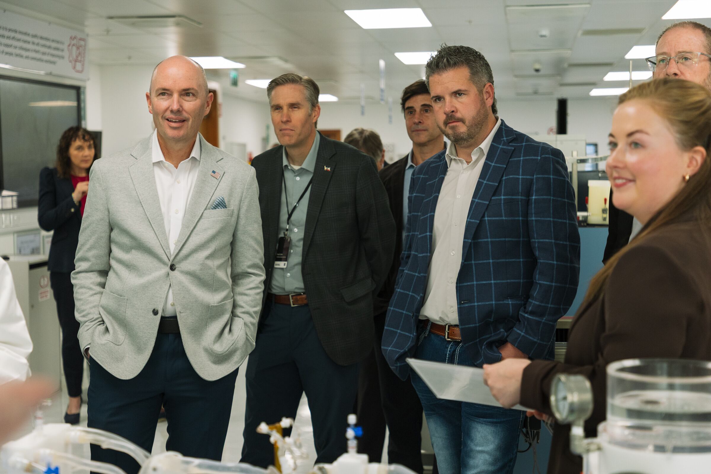 Gov. Spencer Cox; state Reps. Paul Cutler, R-Centerville; Logan Monson, R-Blanding; and other members of Utah's trade delegation visit Merit Medical Systems in Galway, Ireland, on Friday.