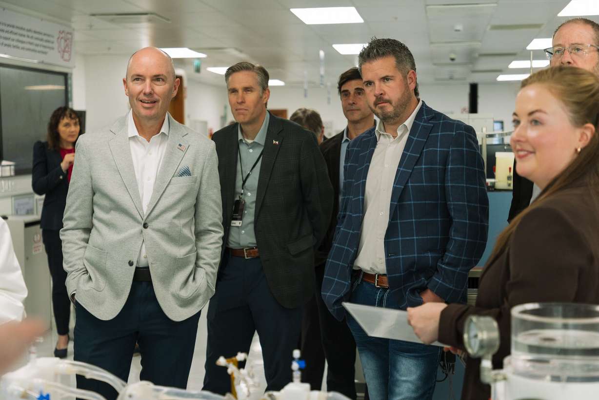 Gov. Spencer Cox; state Reps. Paul Cutler, R-Centerville; Logan Monson, R-Blanding; and other members of Utah's trade delegation visit Merit Medical Systems in Galway, Ireland, on Friday.