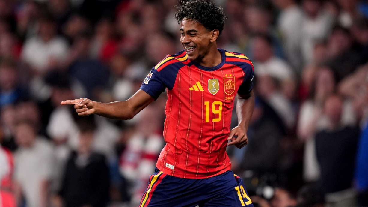 Spain's Lamine Yamal celebrates after scoring his side's first goal during the UEFA Nations League soccer match against England in London, Saturday Sept, 26, 2026.