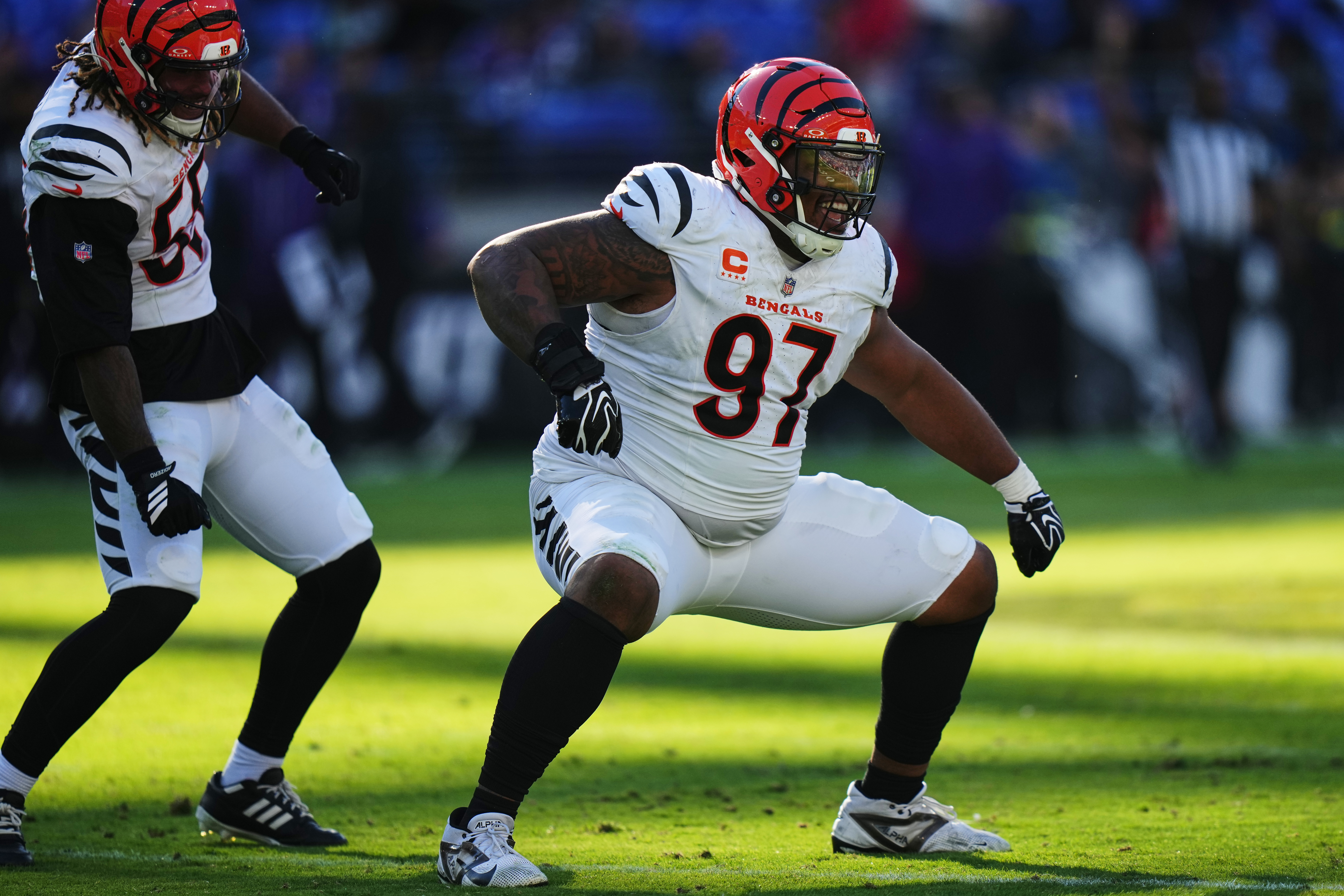 Cincinnati Bengals defensive tackle Dexter Lawrence II (97) celebrates during the second half of an NFL football game against the Baltimore Ravens in Baltimore, Sunday, Oct. 25, 2026. 