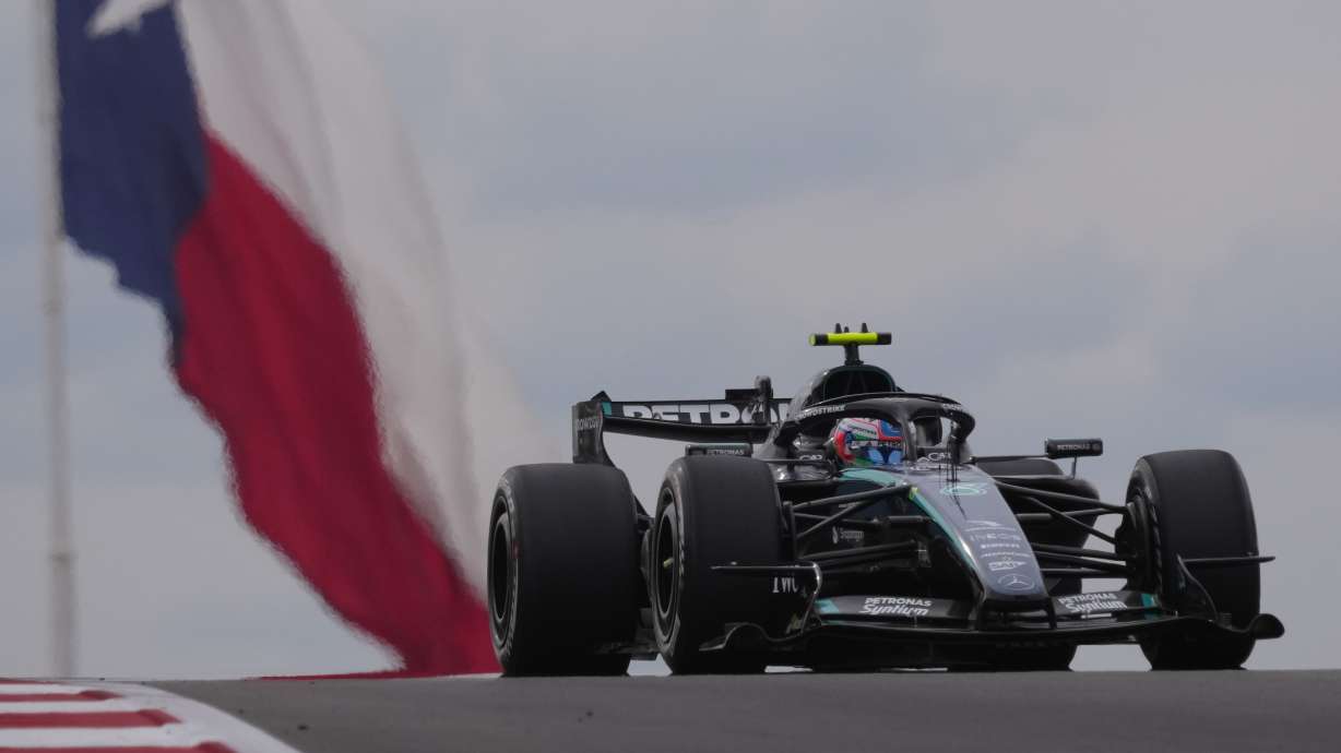 Mercedes driver Andrea Kimi Antonelli of Italy steers his car during the Formula One U.S. Grand Prix auto race in Austin, Texas, Sunday, Oct. 25, 2026.