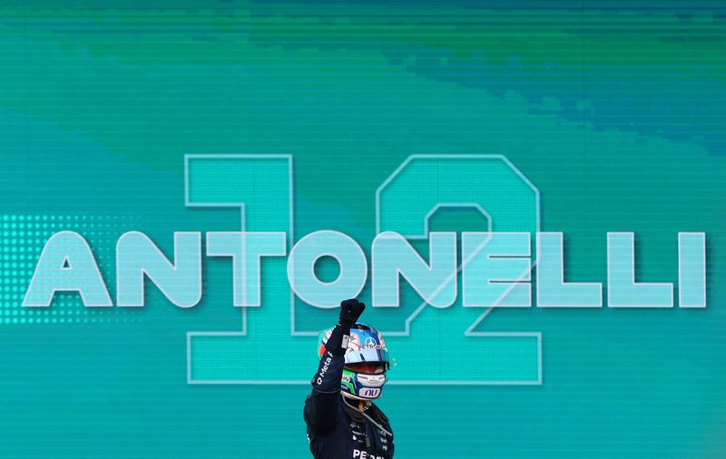 Formula One F1 - United States Grand Prix - Circuit of the Americas, Austin, Texas, U.S. - October 25, 2026 Mercedes' Andrea Kimi Antonelli celebrates after winning the United States Grand Prix