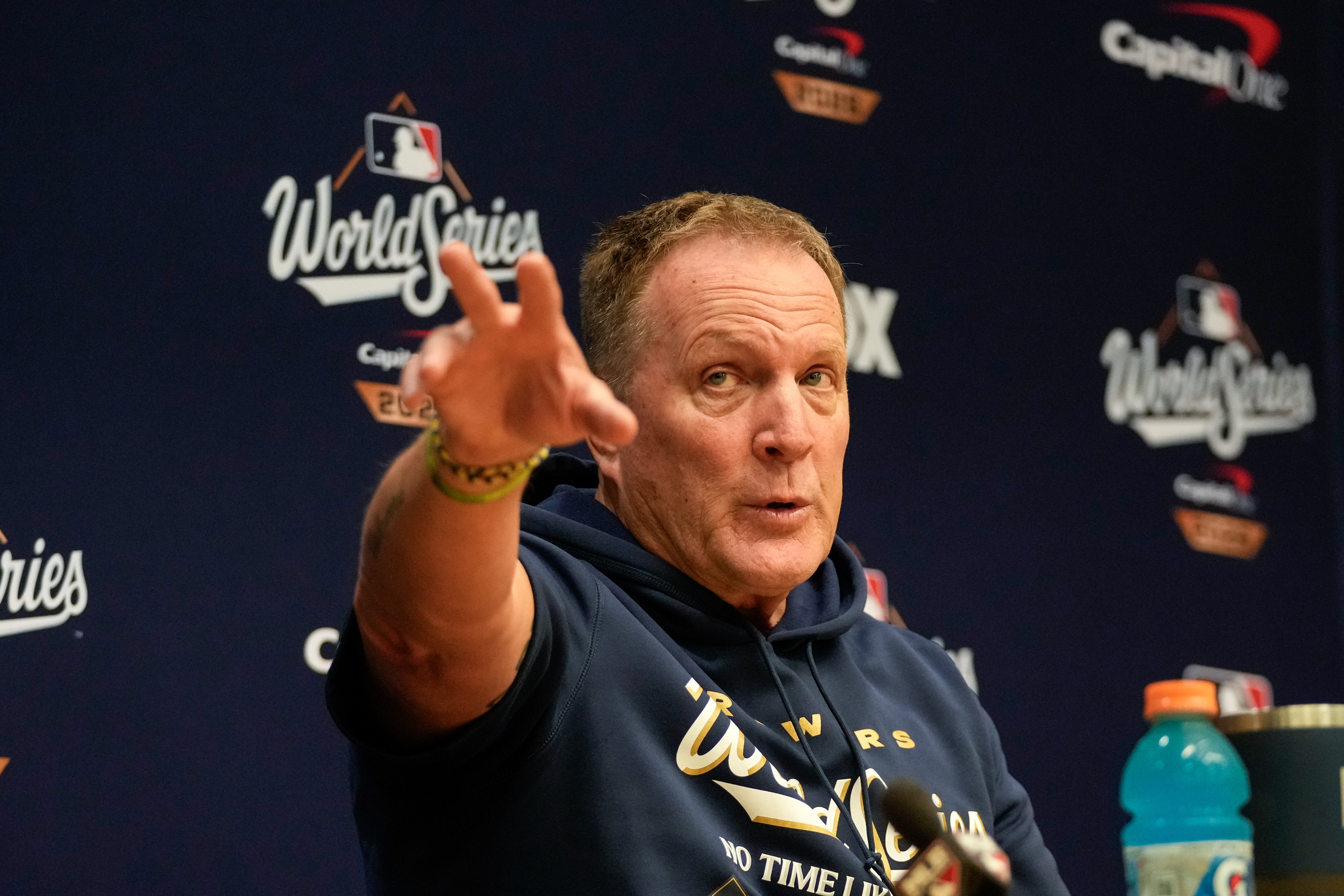 Milwaukee Brewers manager Pat Murphy speaks during a World Series baseball media day, Thursday, Oct. 22, 2026, in Milwaukee, ahead of Game 1 between the Milwaukee Brewers and the Tampa Bay Rays. 