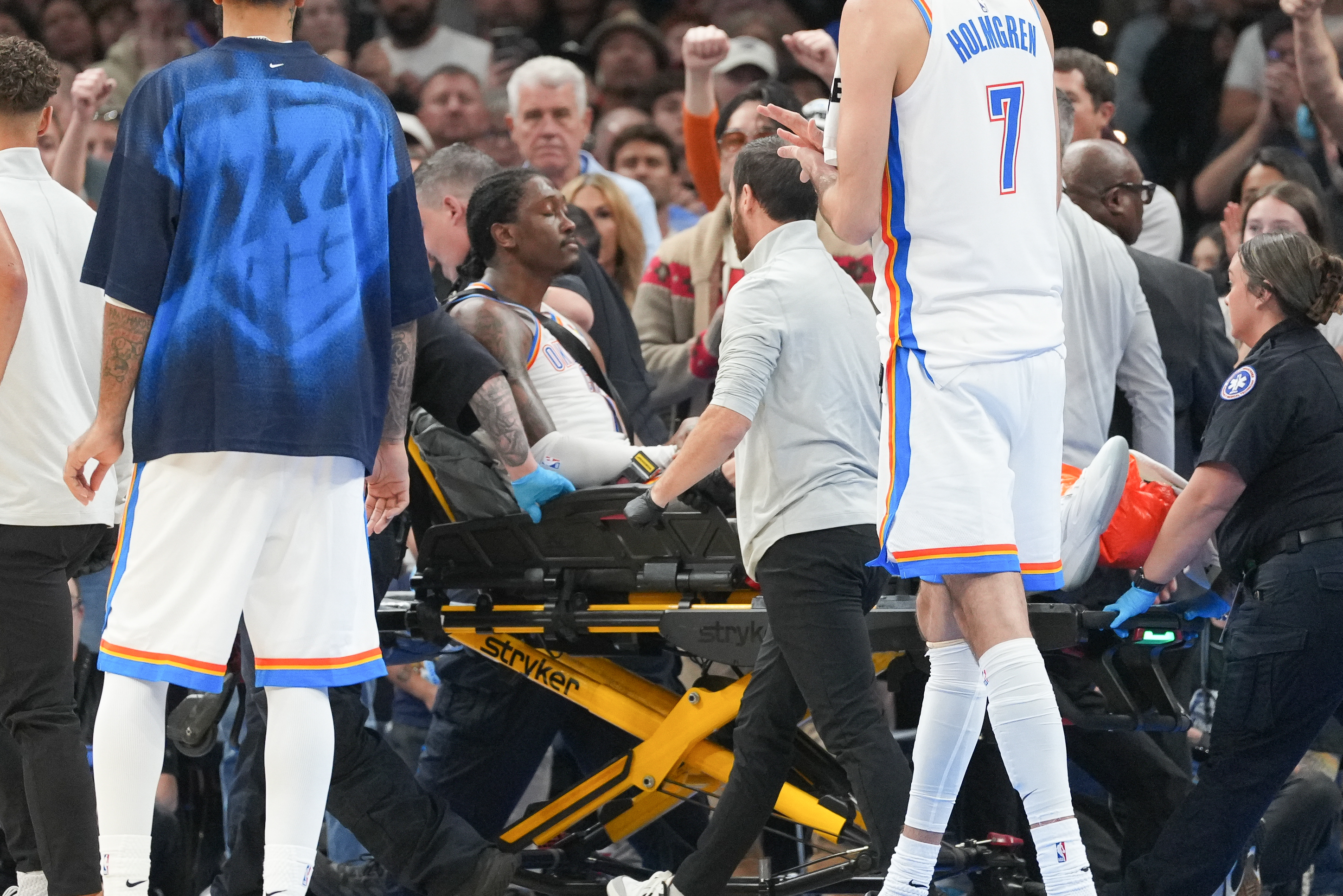 Oklahoma City Thunder guard Jalen Williams is taken off the court by medical staff during the second half of an NBA basketball game against the Los Angeles Clippers, Sunday, Oct. 25, 2026, in Oklahoma City. 