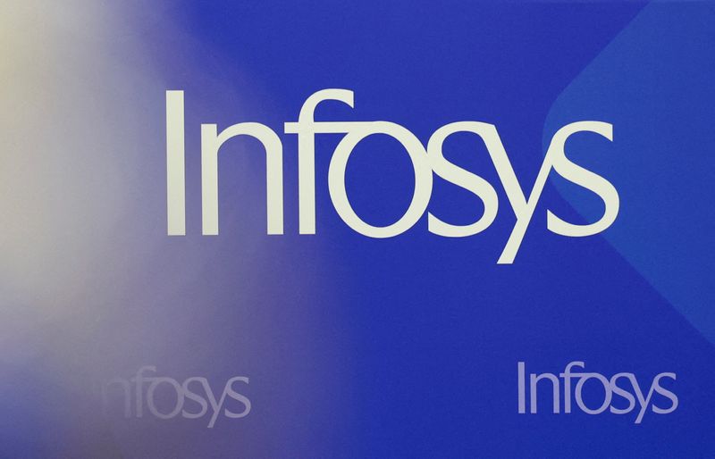 FILE PHOTO: The Infosys logo is displayed during a press briefing, following the company's quarterly results announcement at its headquarters in Bengaluru, India, July 23, 2026.