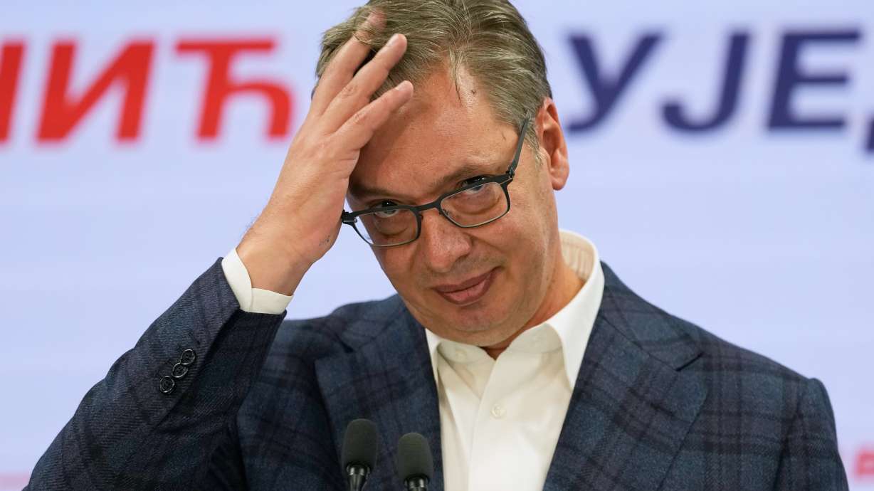 Aleksandar Vucic, leader of the right-wing Serbian Progressive Party (SNS) speaks at the party headquarters, after conceding defeat in the parliamentary election in Belgrade, Serbia, Sunday.